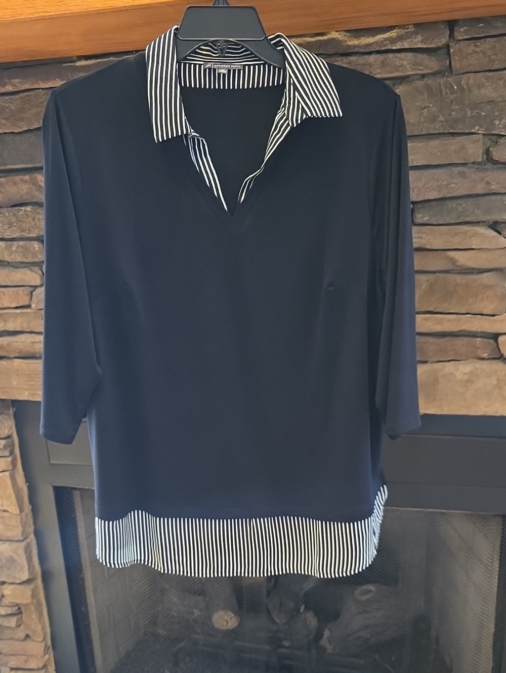 Adrianna Papell Black-and-White Striped Collar and Hem Trim Layered Top